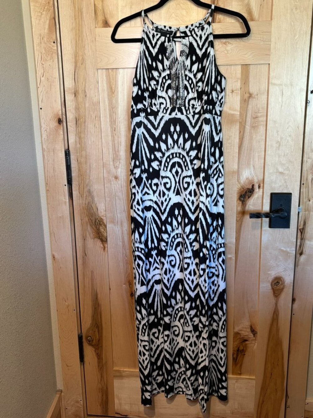 INC International Concepts Beaded Ikat Print Maxi Dress Black White S Small